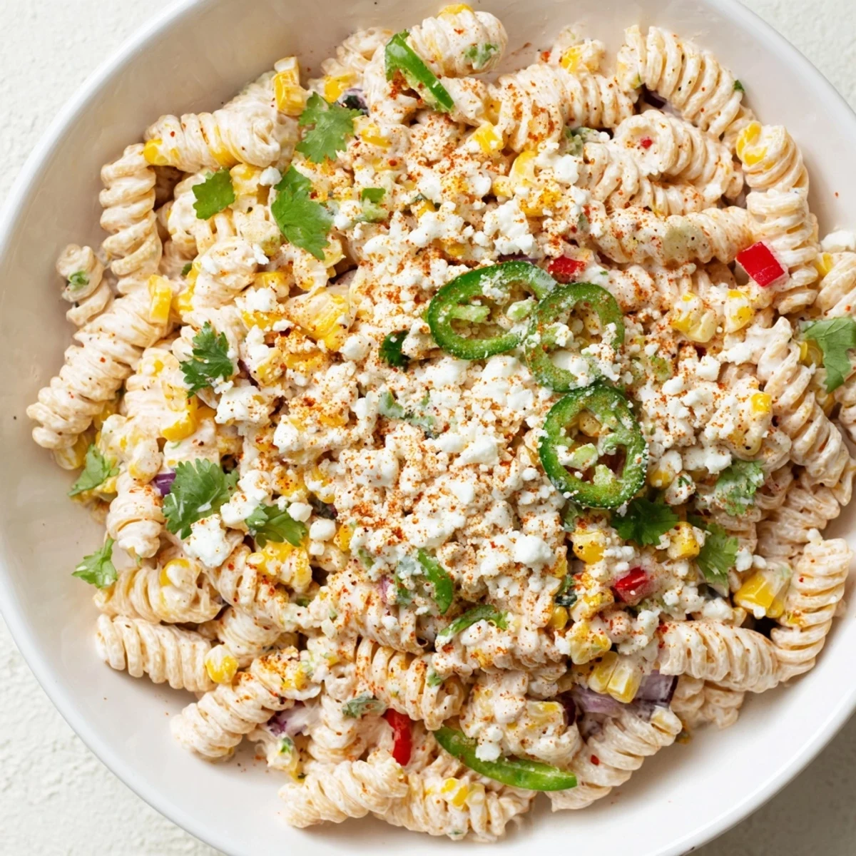 Creamy Mexican street corn pasta salad with golden corn kernels, cotija cheese, and fresh cilantro in a smoky lime dressing