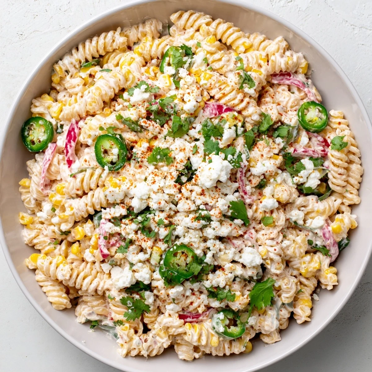 Vibrant bowl of Mexican street corn pasta salad featuring tender rotini, diced vegetables, and zesty spices topped with crumbled cheese