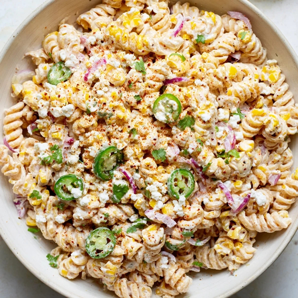 Close-up of chilled Mexican street corn pasta salad with sweet corn, red bell pepper, and tangy cotija garnish on a serving platter