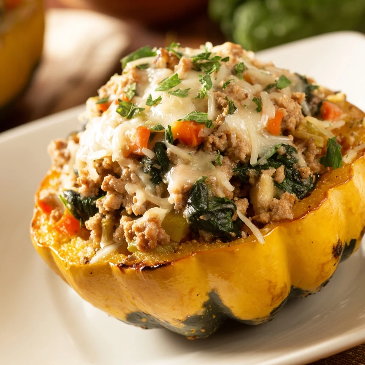 Golden roasted turkey stuffed acorn squash filled with savory vegetables and melted Parmesan cheese on a rustic wooden board