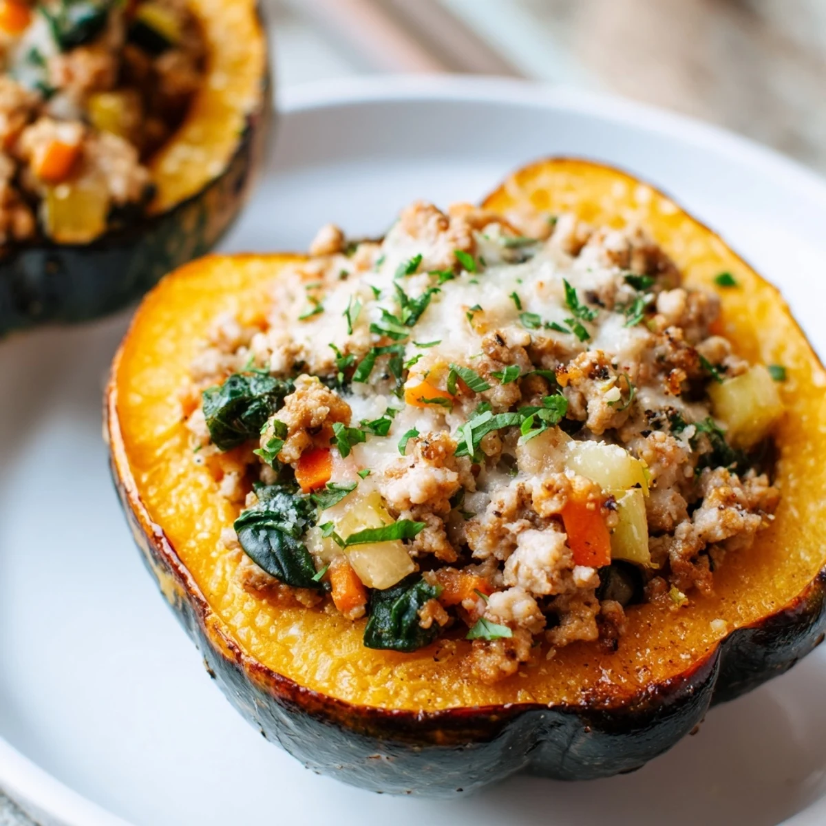 Hearty turkey stuffed acorn squash halves baked until tender, topped with golden brown cheese and fresh chopped parsley garnish