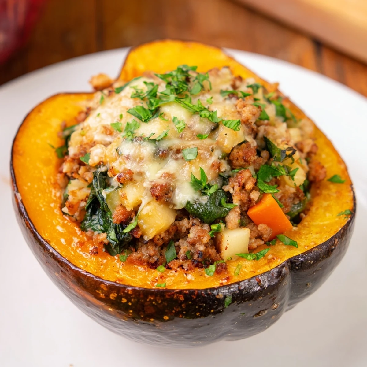Gluten-free turkey stuffed acorn squash featuring seasoned ground turkey filling with diced apples and spinach, served hot from the oven
