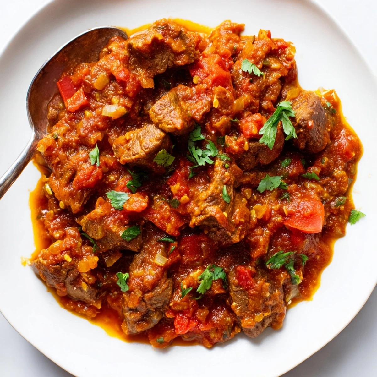 Golden Indian beef curry with tomato gravy served over fluffy white basmati rice