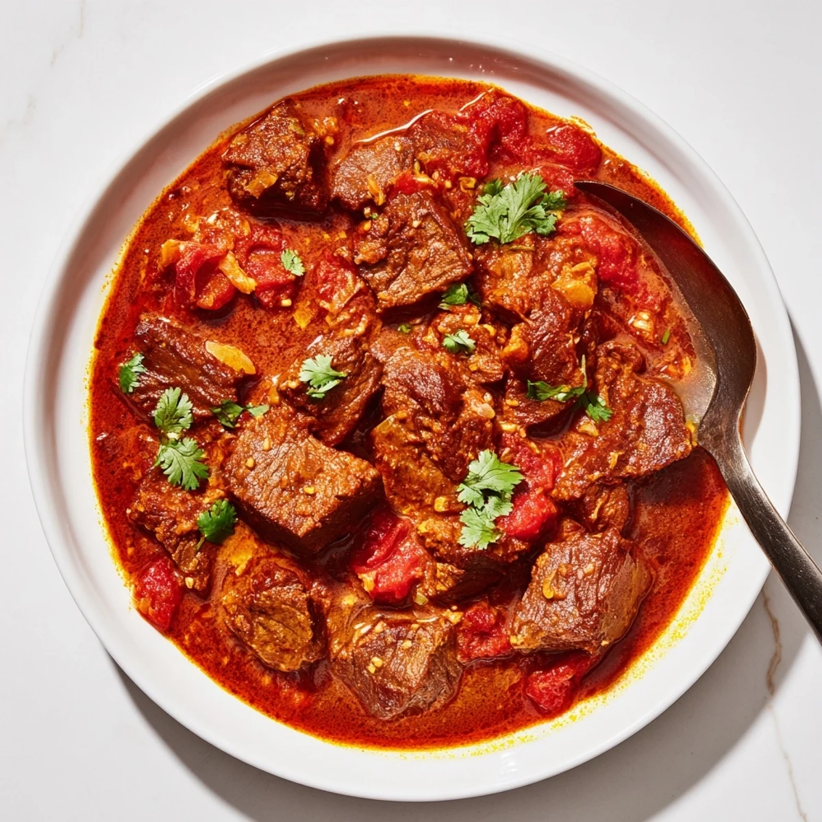 Tender beef cubes simmered in spiced tomato gravy garnished with fresh cilantro leaves