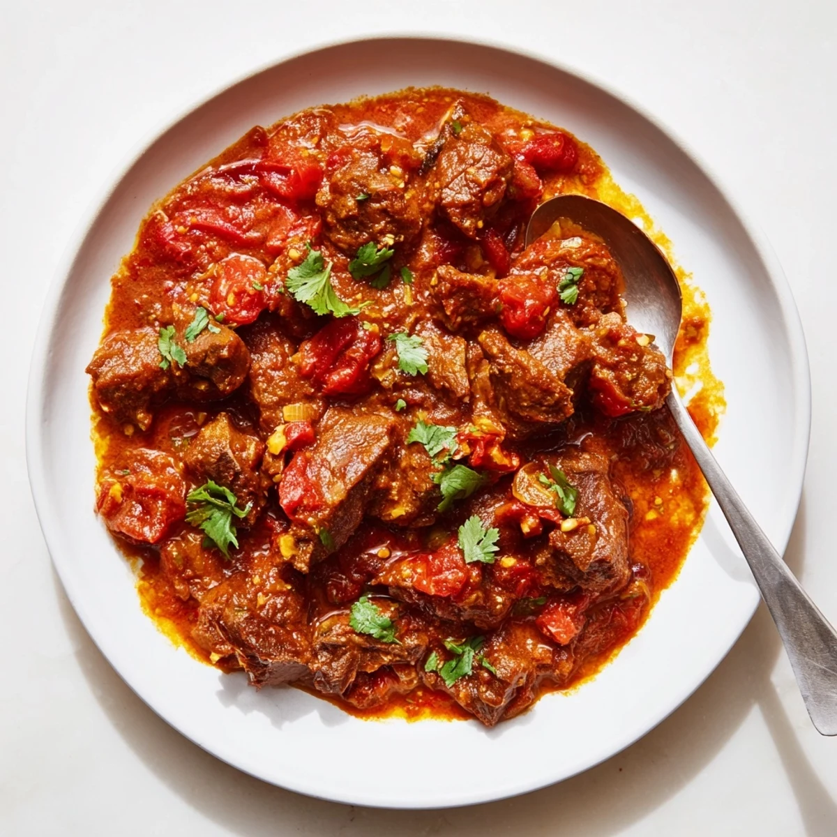 Rich aromatic beef curry in red tomato sauce paired with warm naan bread