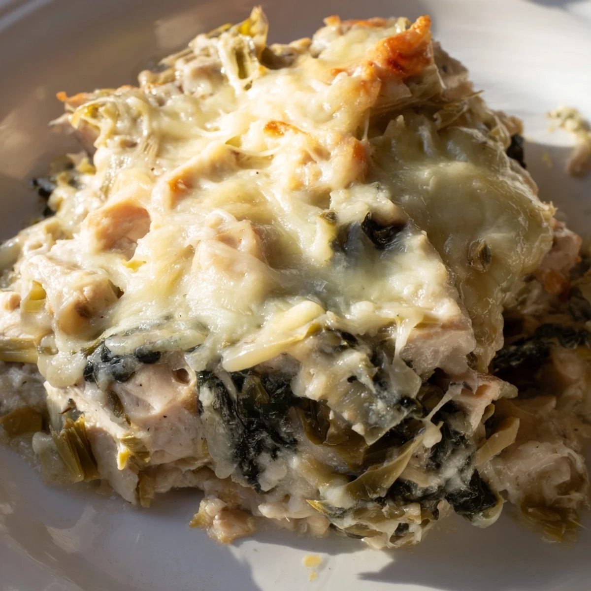 Creamy spinach artichoke chicken casserole served on white plate with parsley garnish