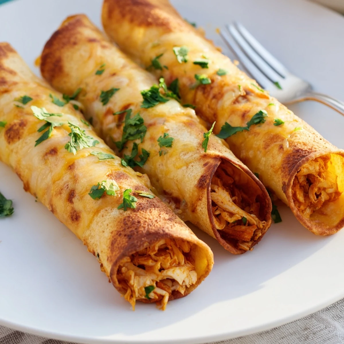 Golden baked crispy chicken taquitos with melted cheese and fresh cilantro garnish on white plate