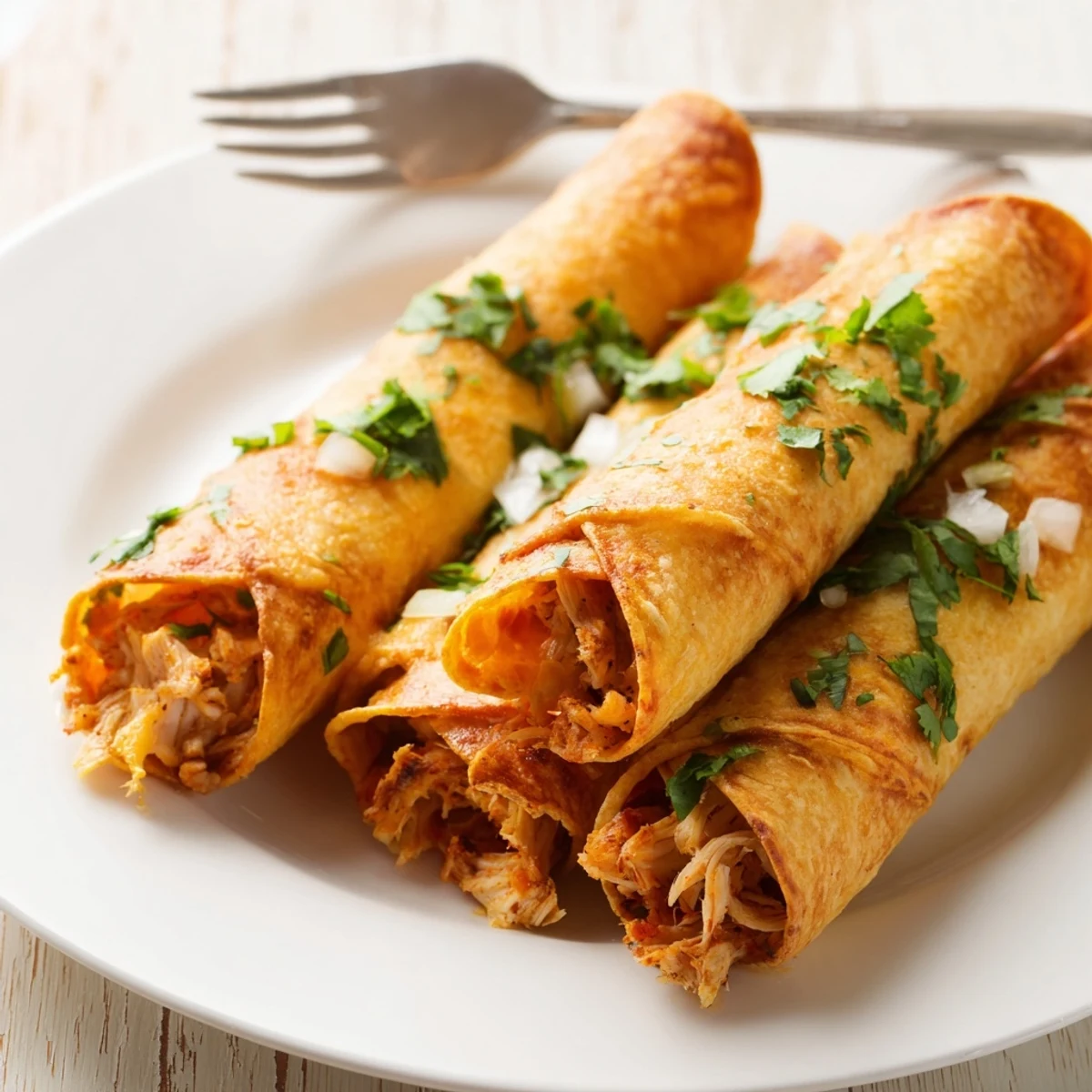  Rolled corn tortillas filled with seasoned shredded chicken baked until golden brown and perfectly crunchy