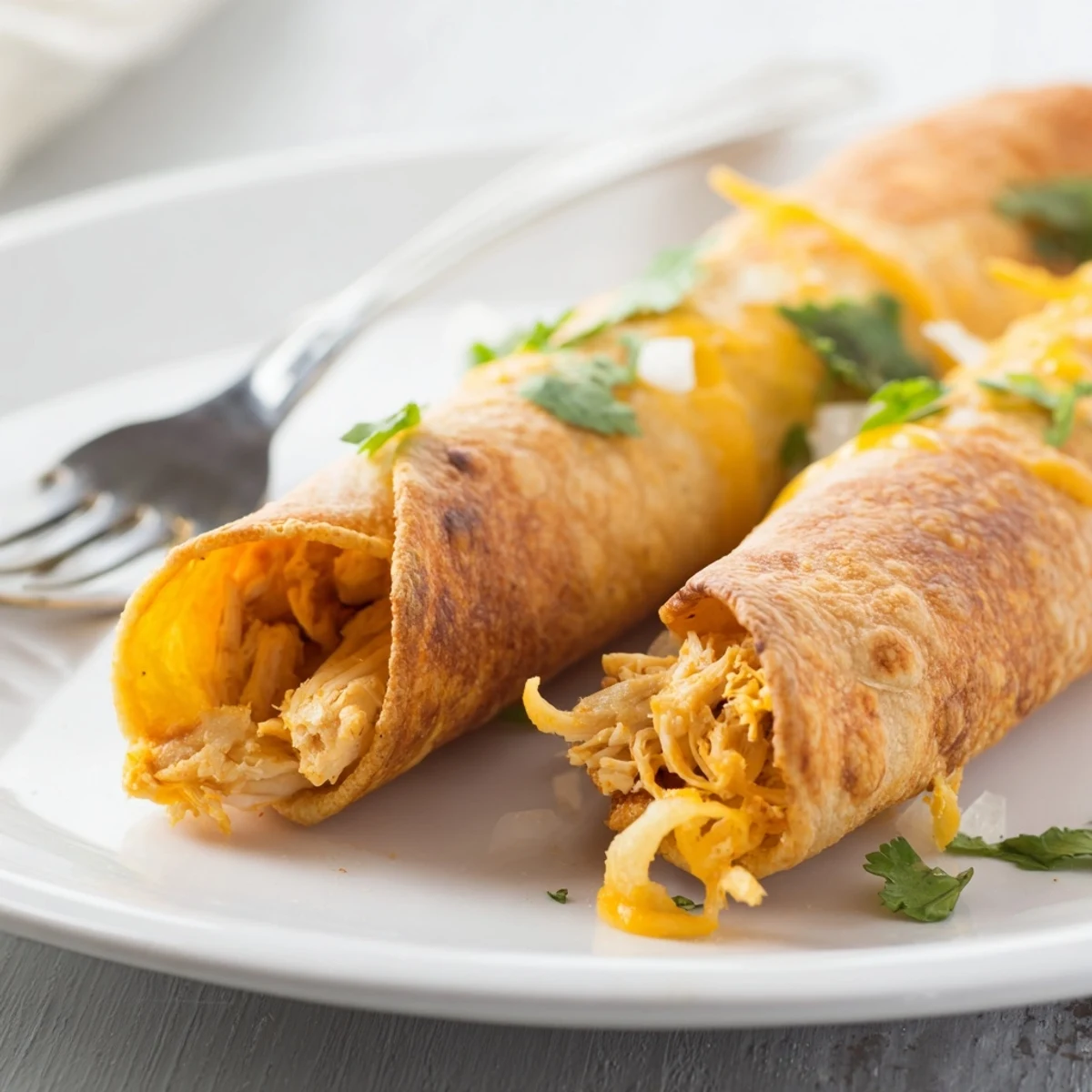  Homemade crispy chicken taquitos arranged on serving platter with salsa guacamole and lime wedges alongside