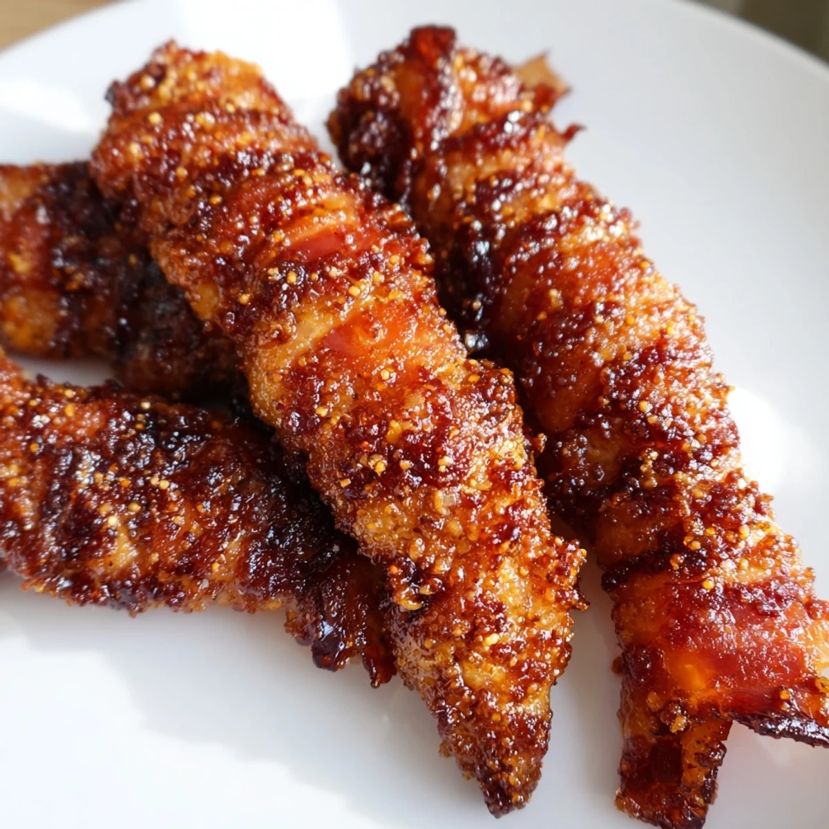 Crispy bacon brown sugar chicken tenders fresh from the oven with caramelized coating