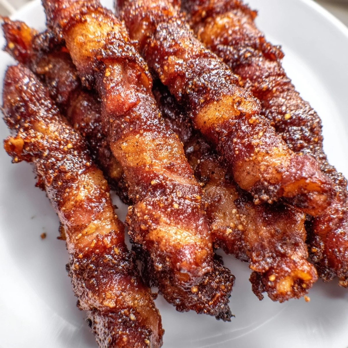Golden brown sugar chicken tenders wrapped in smoky bacon on a wire rack