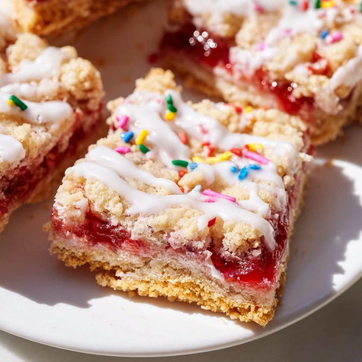 Homemade Pop-Tart cookie bars with strawberry jam center, vanilla glaze, and rainbow sprinkles on a wooden cutting board