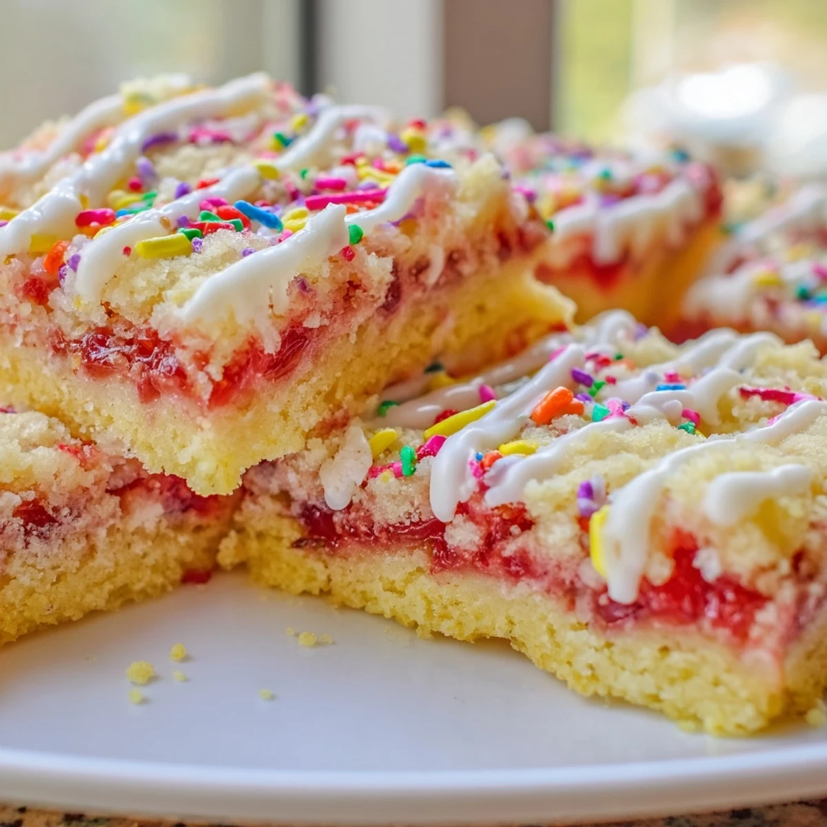 Soft sugar cookie bars filled with fruity jam and finished with sweet glaze and festive sprinkles