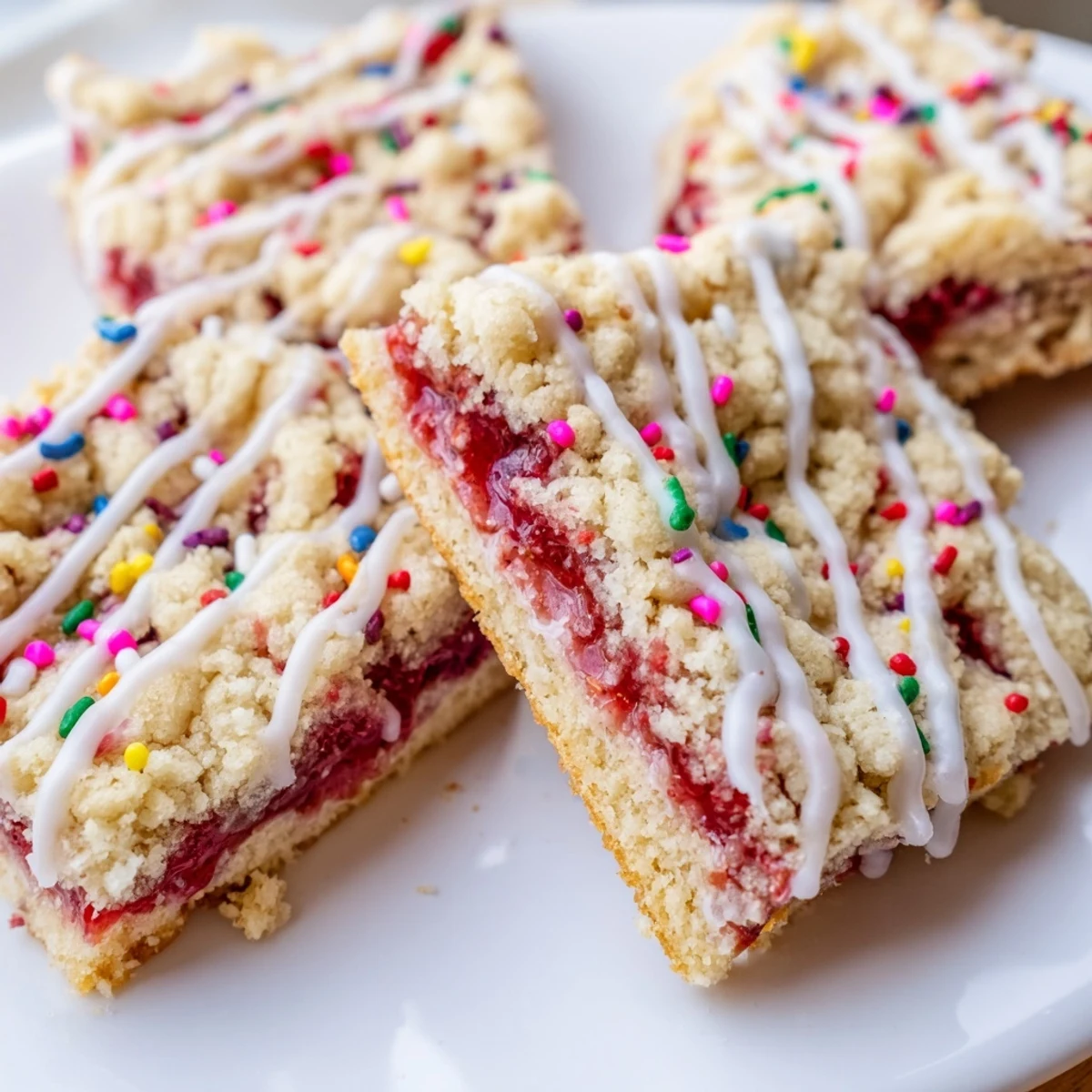 Golden baked Pop-Tart cookie squares featuring jammy layers and white icing topped with colorful sprinkles