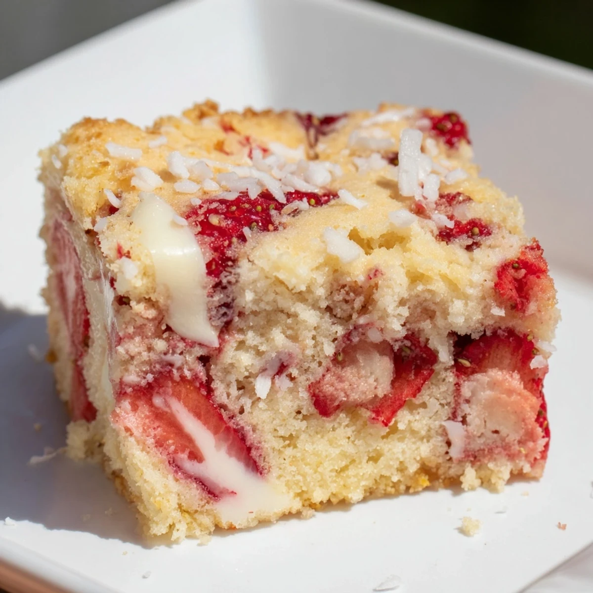 Gooey Strawberry Earthquake Cake with marbled cream cheese swirls and fresh diced strawberries baked until golden