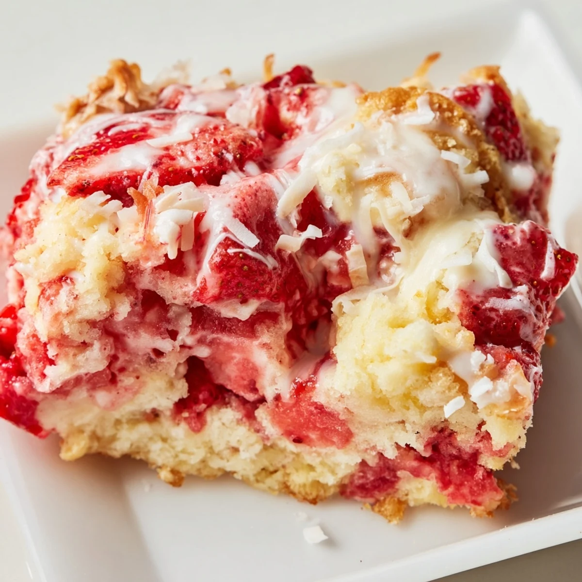 Fresh strawberry Earthquake Cake topped with white chocolate chips and coconut on a white serving plate