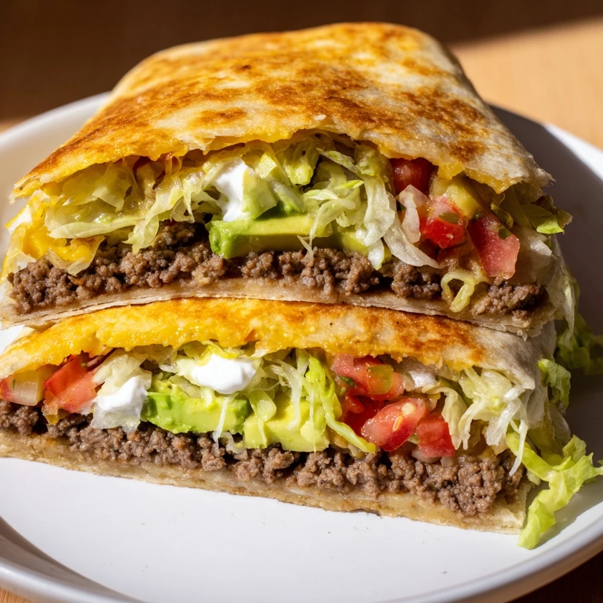 Golden keto crunchwrap featuring seasoned beef, melted cheddar, and crisp vegetables folded into a low-carb tortilla