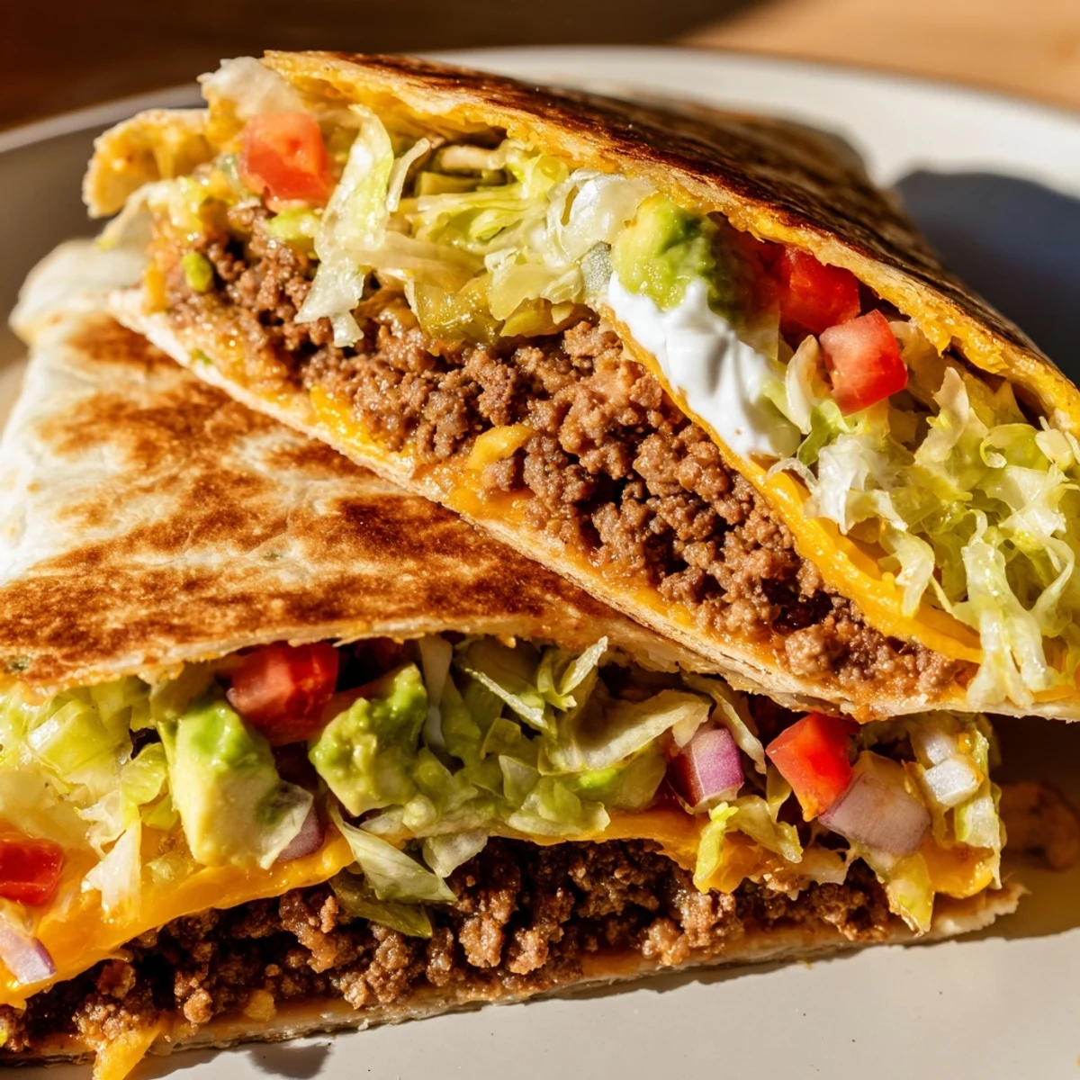 Pan-fried keto crunchwrap sliced open to reveal layers of taco meat, lettuce, tomatoes, and creamy guacamole
