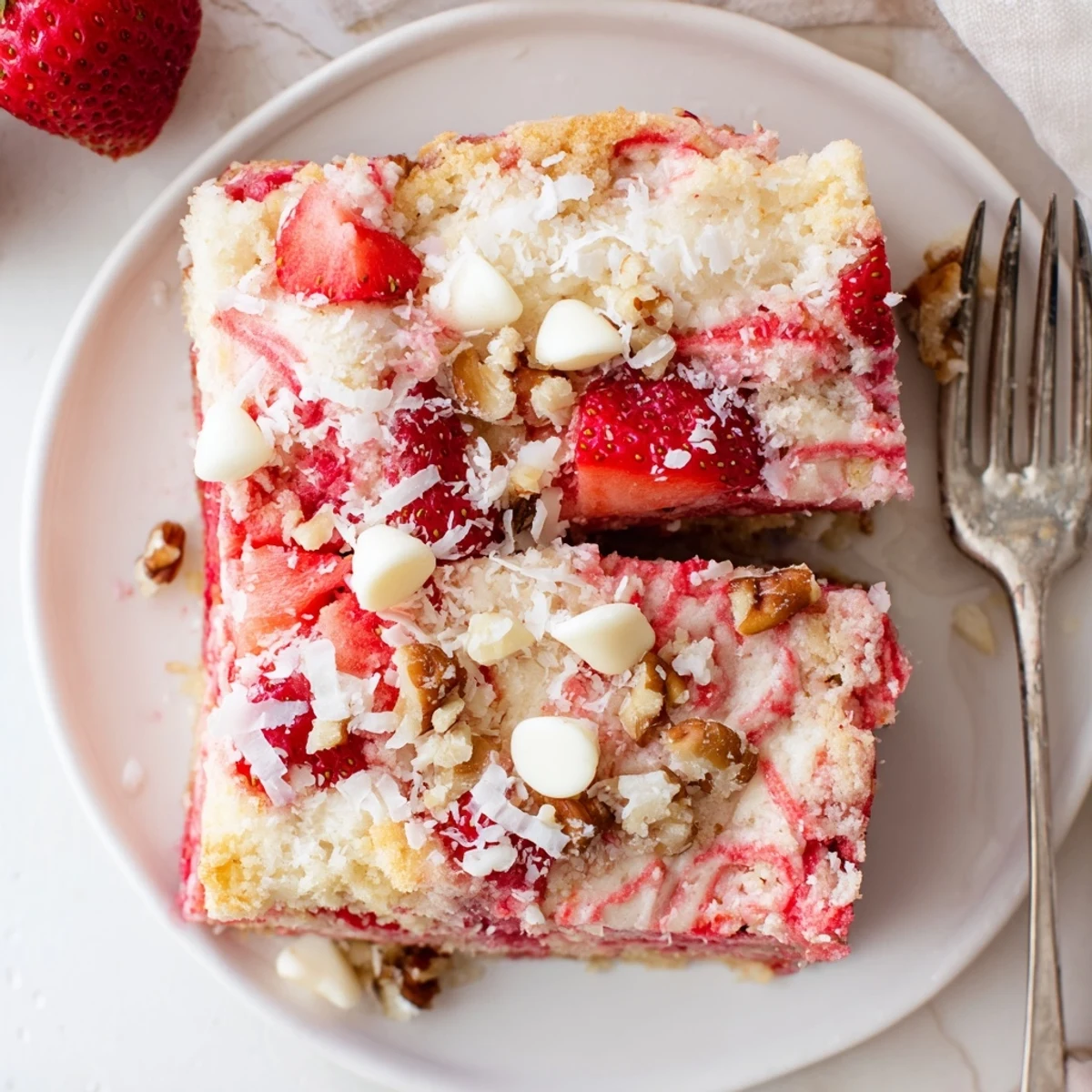 Moist strawberry earthquake cake with swirled cream cheese and white chocolate chips on top