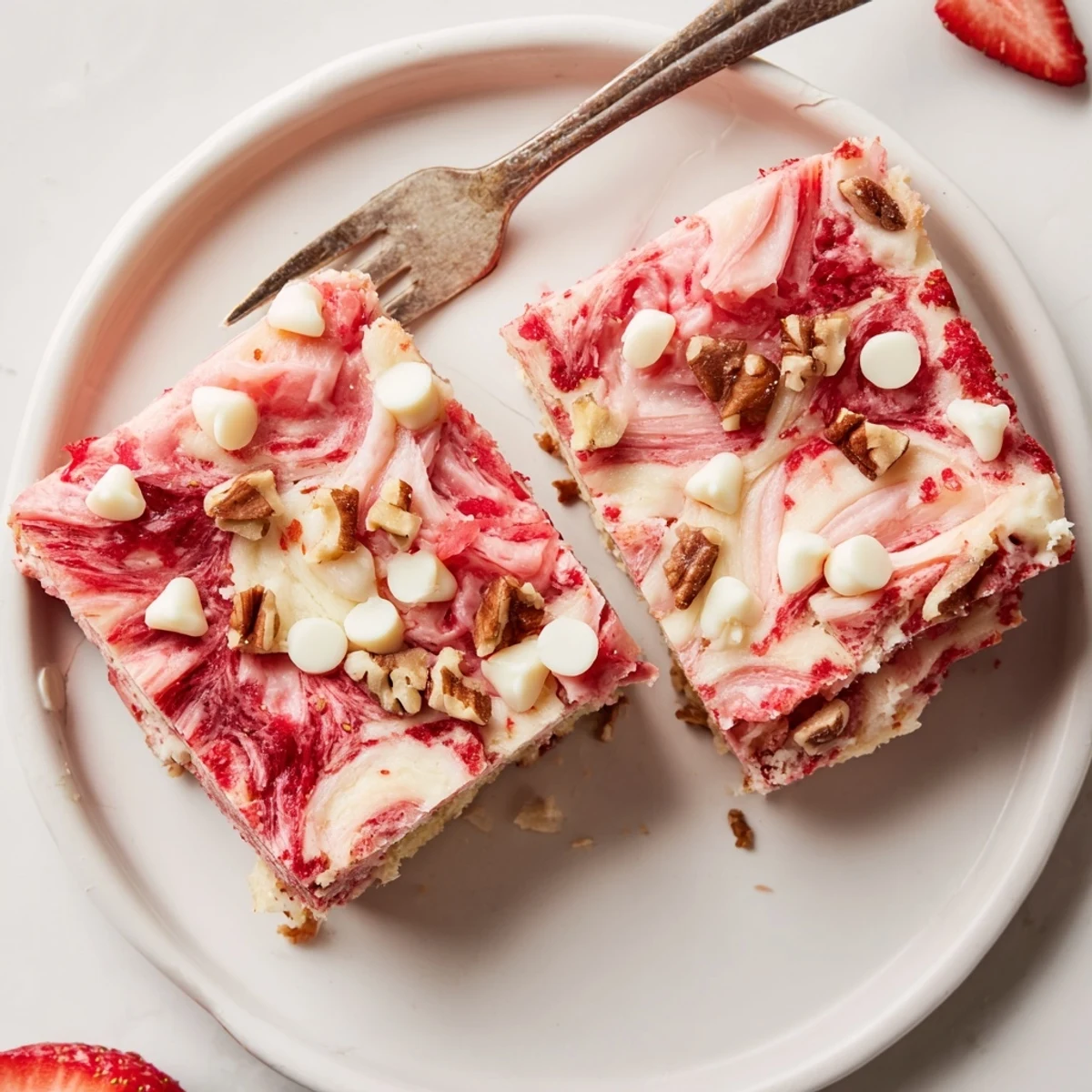 Golden strawberry earthquake cake topped with coconut nuts and creamy vanilla swirls