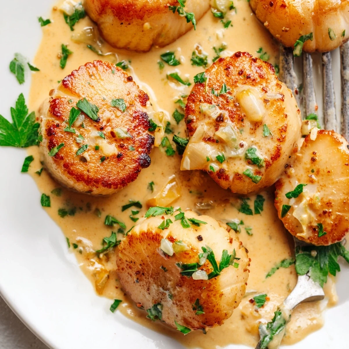 Golden seared sea scallops resting in a rich spicy Cajun cream sauce with fresh parsley garnish on a white plate