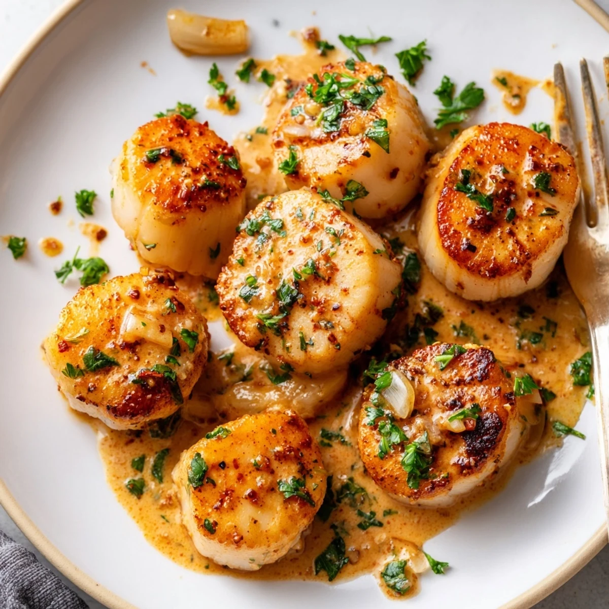 Golden brown pan-seared scallops drizzled with zesty Cajun cream sauce and sprinkled with chopped fresh parsley