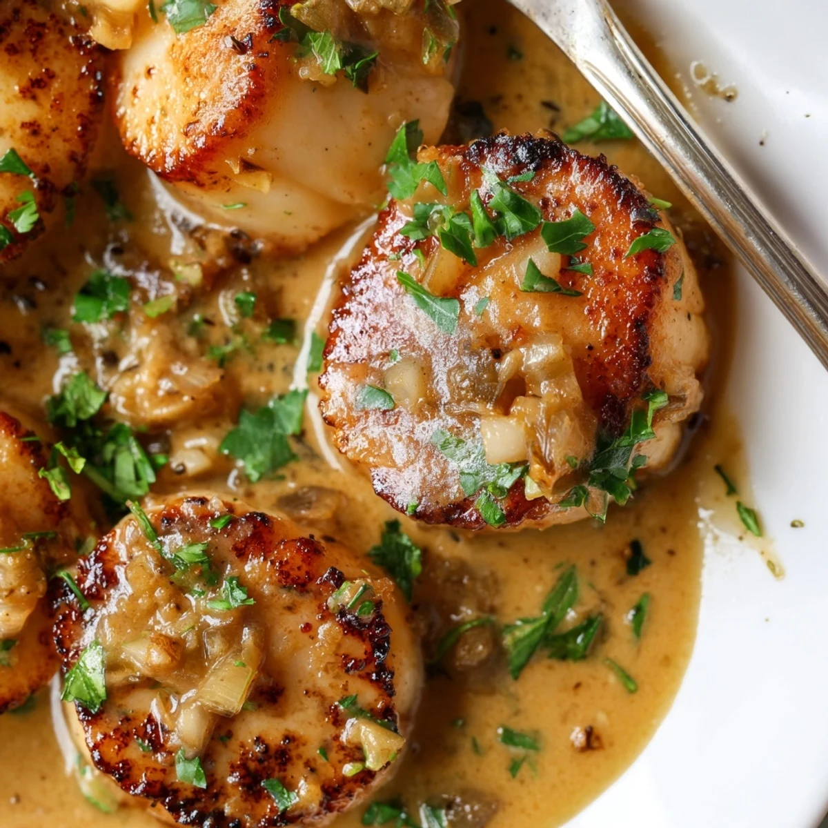 Perfectly seared scallops topped with creamy Cajun sauce featuring garlic, shallots, and Parmesan served for an elegant dinner