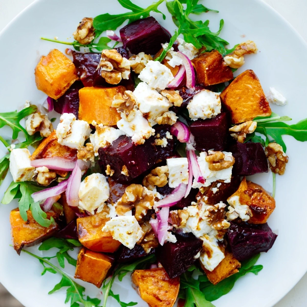 Golden roasted beets and sweet potatoes topped with crumbled feta and creamy yogurt dressing on a bed of fresh arugula