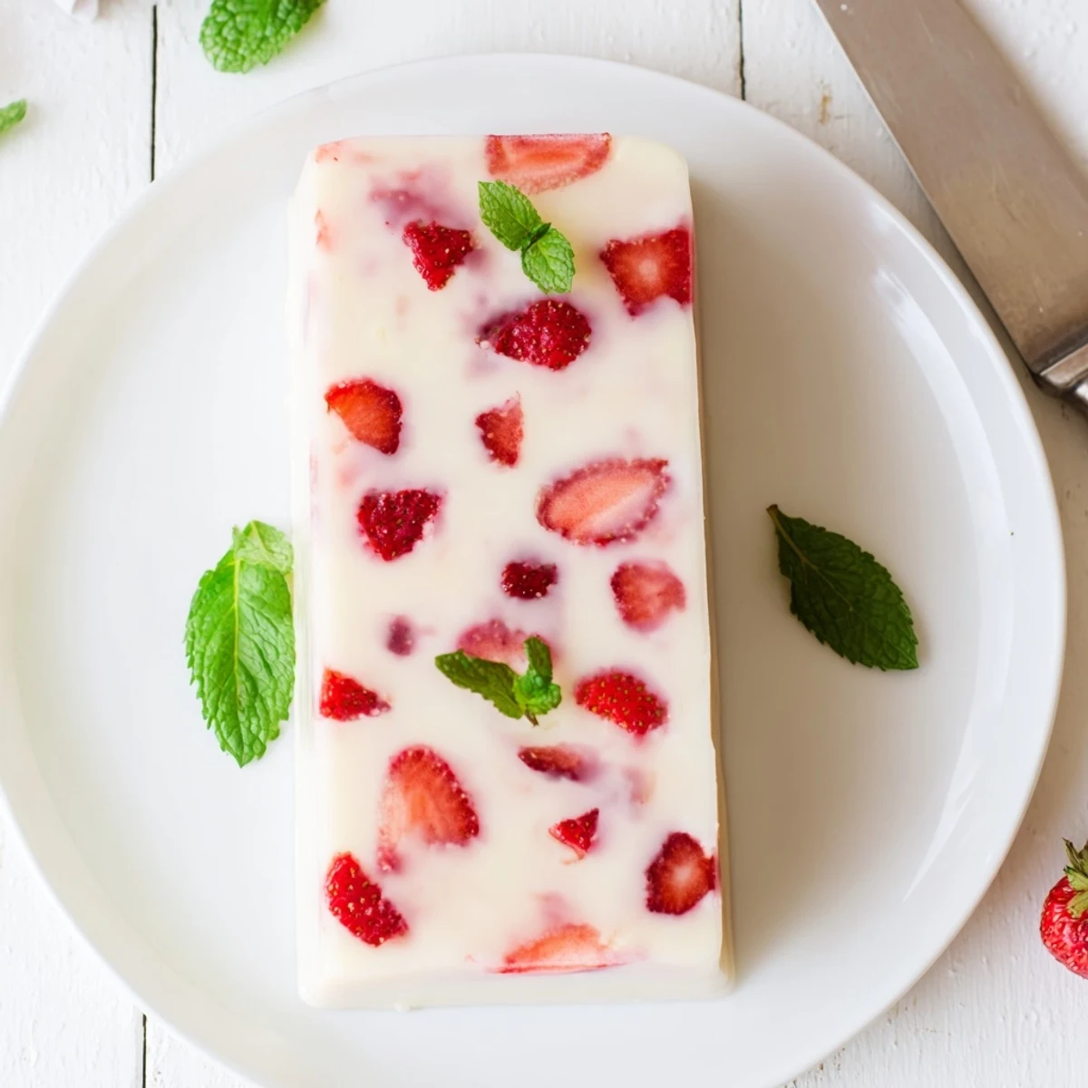 Fresh strawberry halves suspended in creamy white milk yokan slice on white plate