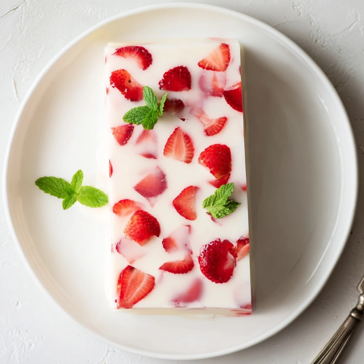 Square slice of Japanese strawberries and milk yokan garnished with mint leaf