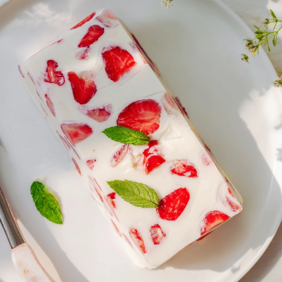 Sweet strawberries and milk yokan dessert cut into rectangles on serving board