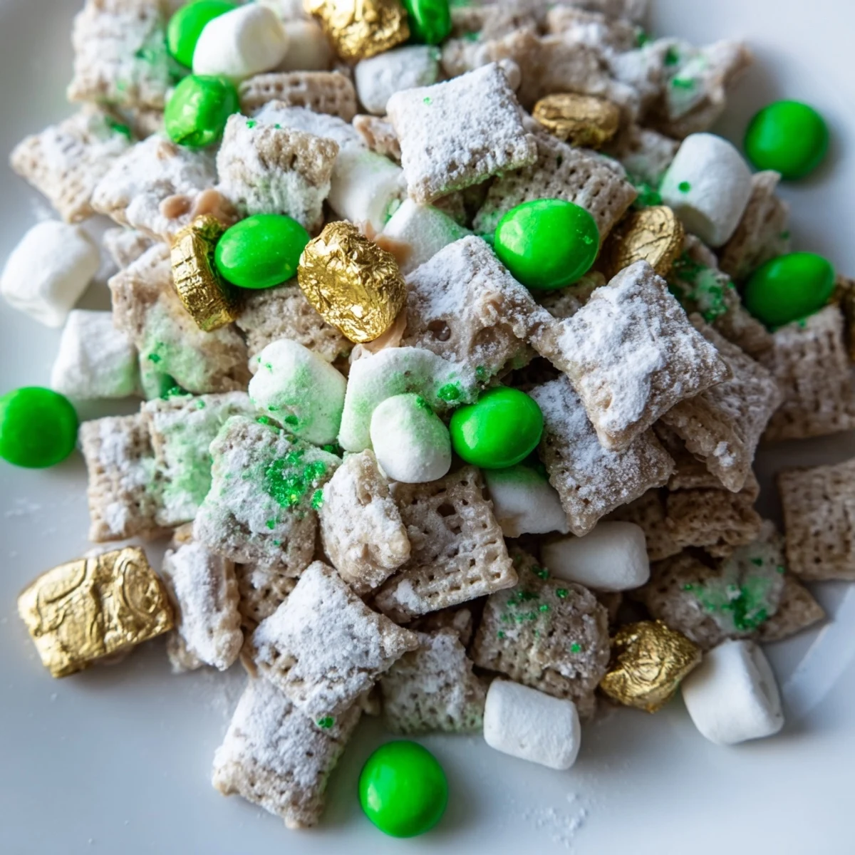 Festive St. Patricks Day Lucky Chow with green candies and marshmallows in white chocolate coating