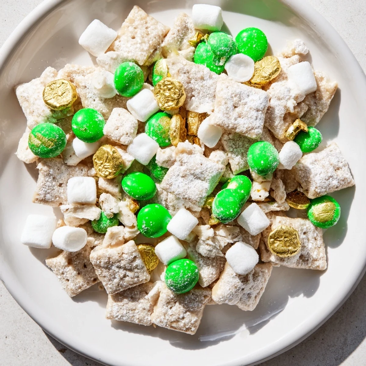 Colorful Irish-inspired puppy chow featuring green sprinkles, marshmallows, and candy-coated chocolates scattered throughout