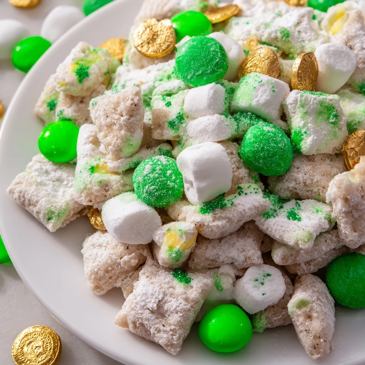 White chocolate coated cereal snack mix with green M&Ms and gold coins for St. Patricks Day