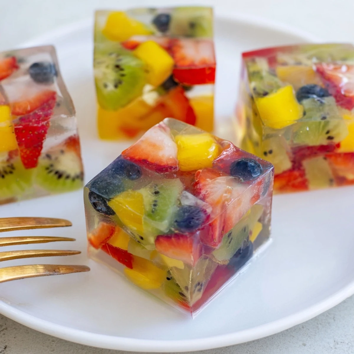 Colorful agar agar fruit jelly set in clear glass with diced strawberries, kiwi, and mango suspended throughout