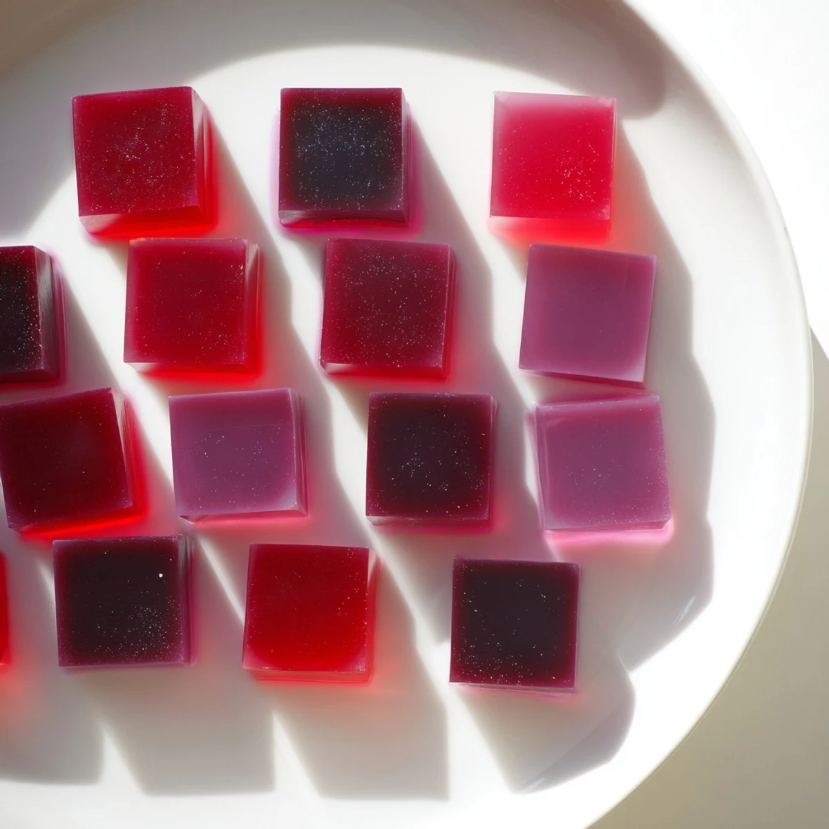 Fresh homemade probiotic jello snacks arranged on a white plate showcasing their wobbly, glossy appearance