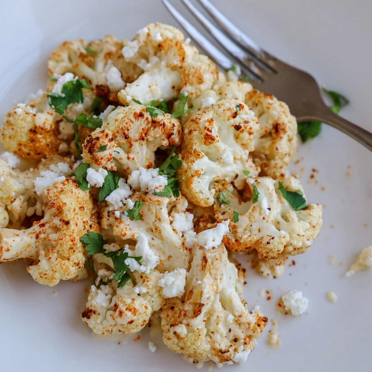 Vibrant Cauliflower Elote dish with smoky spiced sauce and lime wedges on a white serving platter