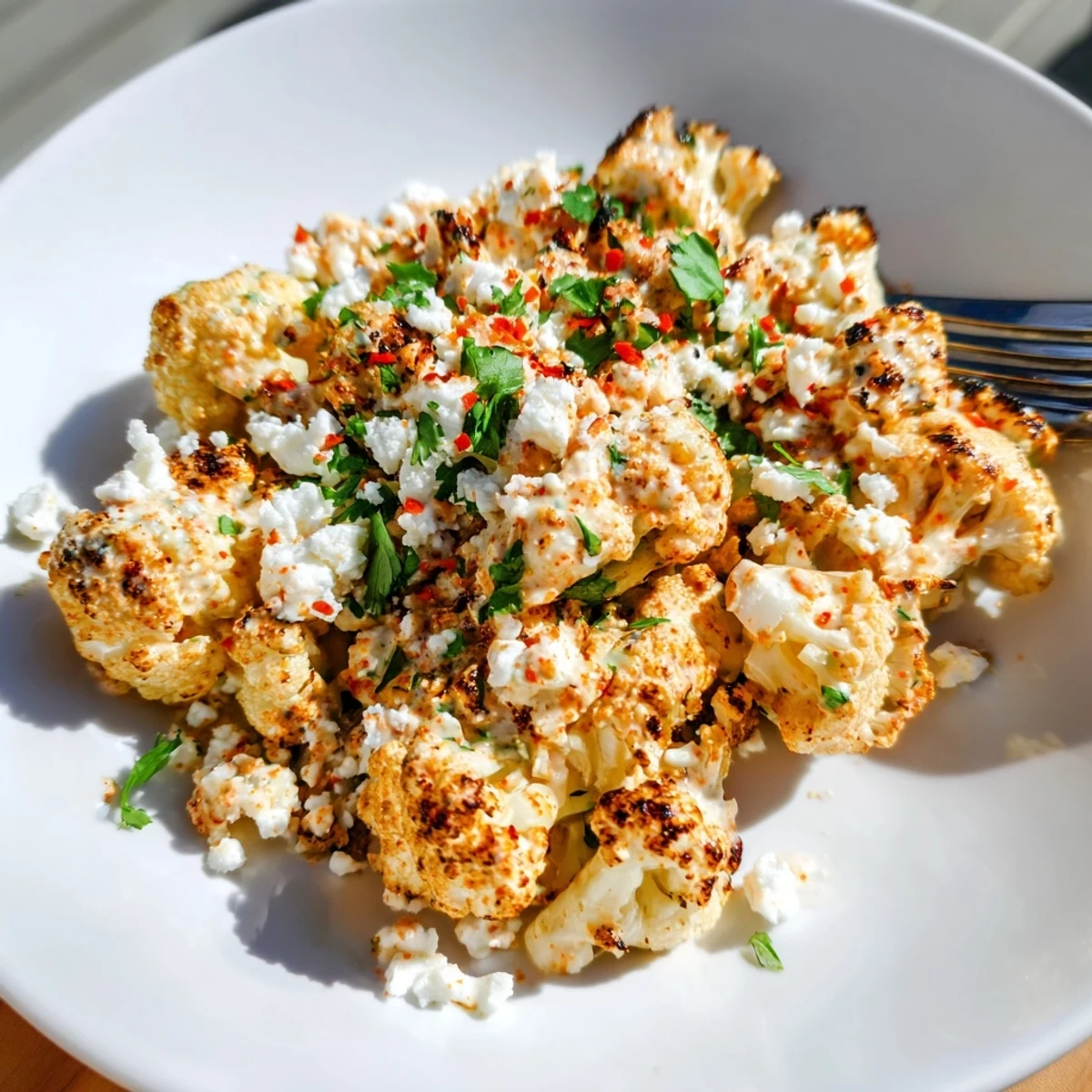 Golden roasted cauliflower florets coated in creamy elote sauce topped with crumbly cotija cheese and fresh cilantro