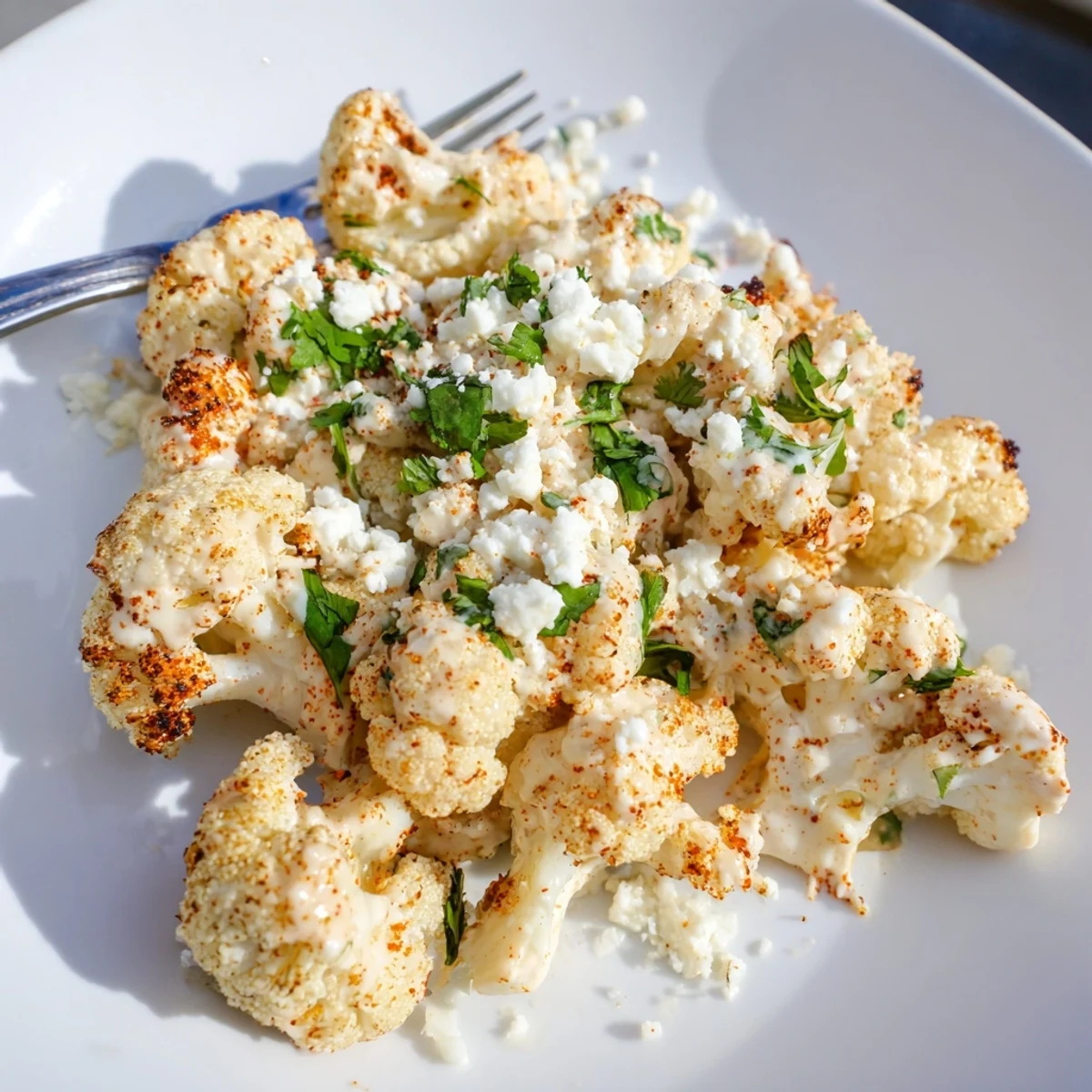 Roasted cauliflower pieces drizzled with tangy mayonnaise lime sauce and sprinkled with chili powder and cheese