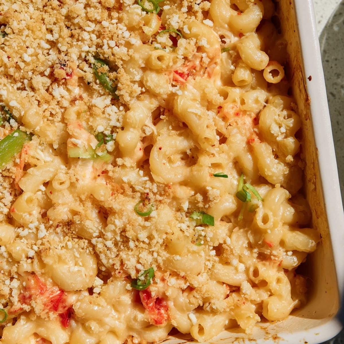 Creamy kimchi mac and cheese bubbling in a baking dish with golden panko topping