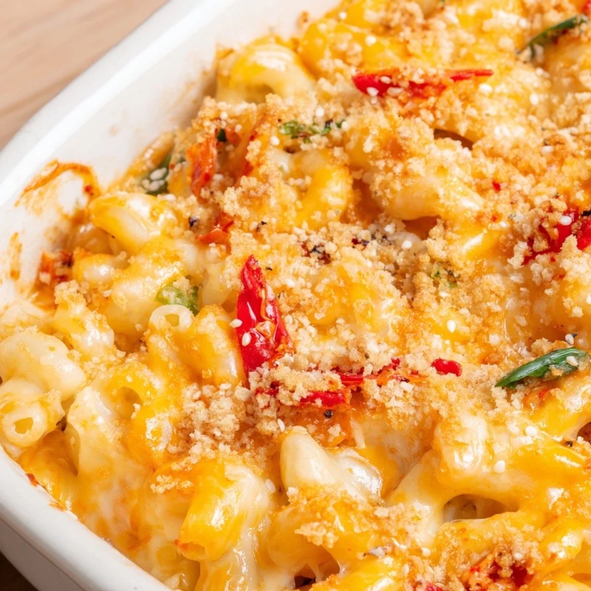 Golden baked kimchi mac and cheese sprinkled with sesame seeds and sliced spring onions