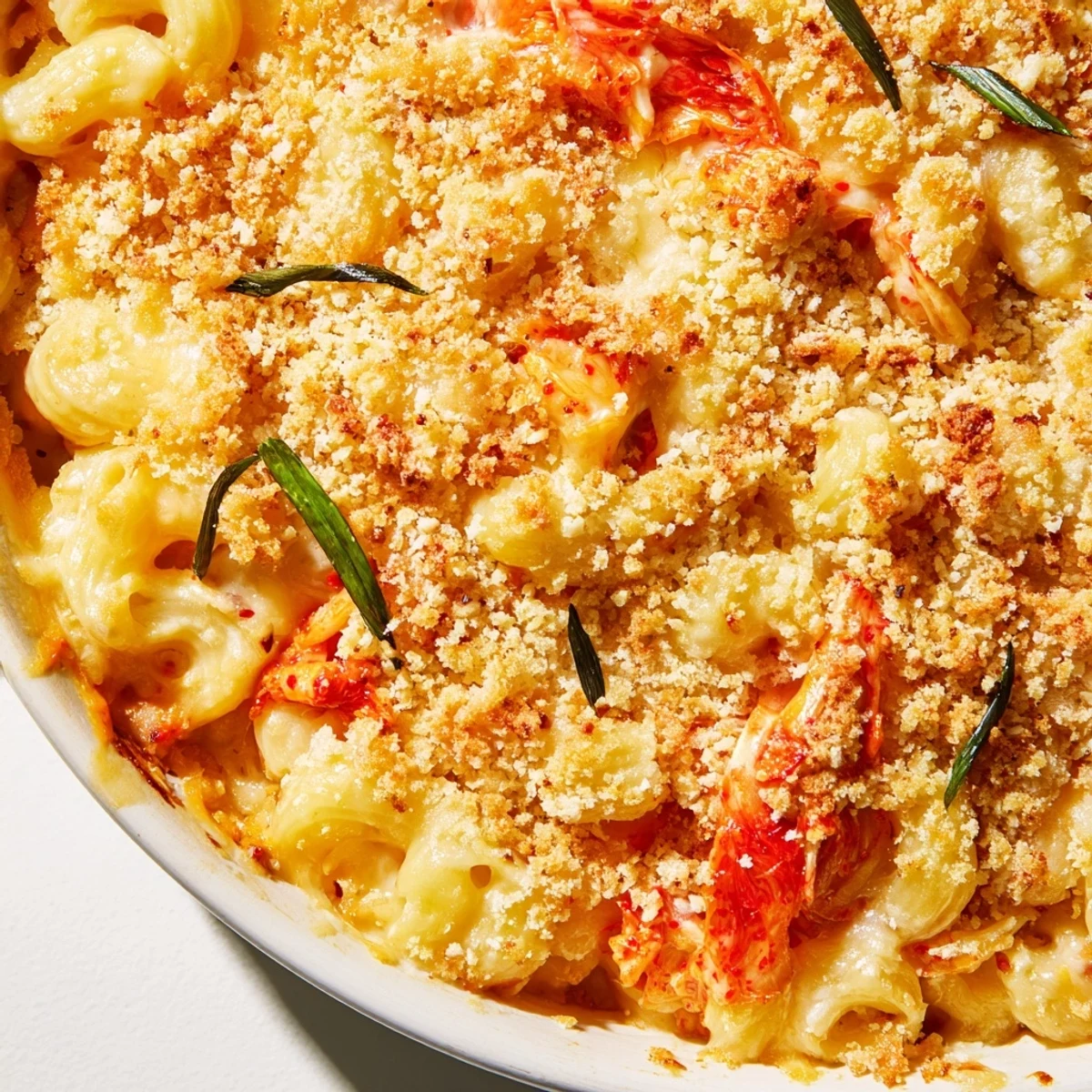 Steaming bowl of kimchi mac and cheese showcasing spicy fermented cabbage mixed through cheesy pasta