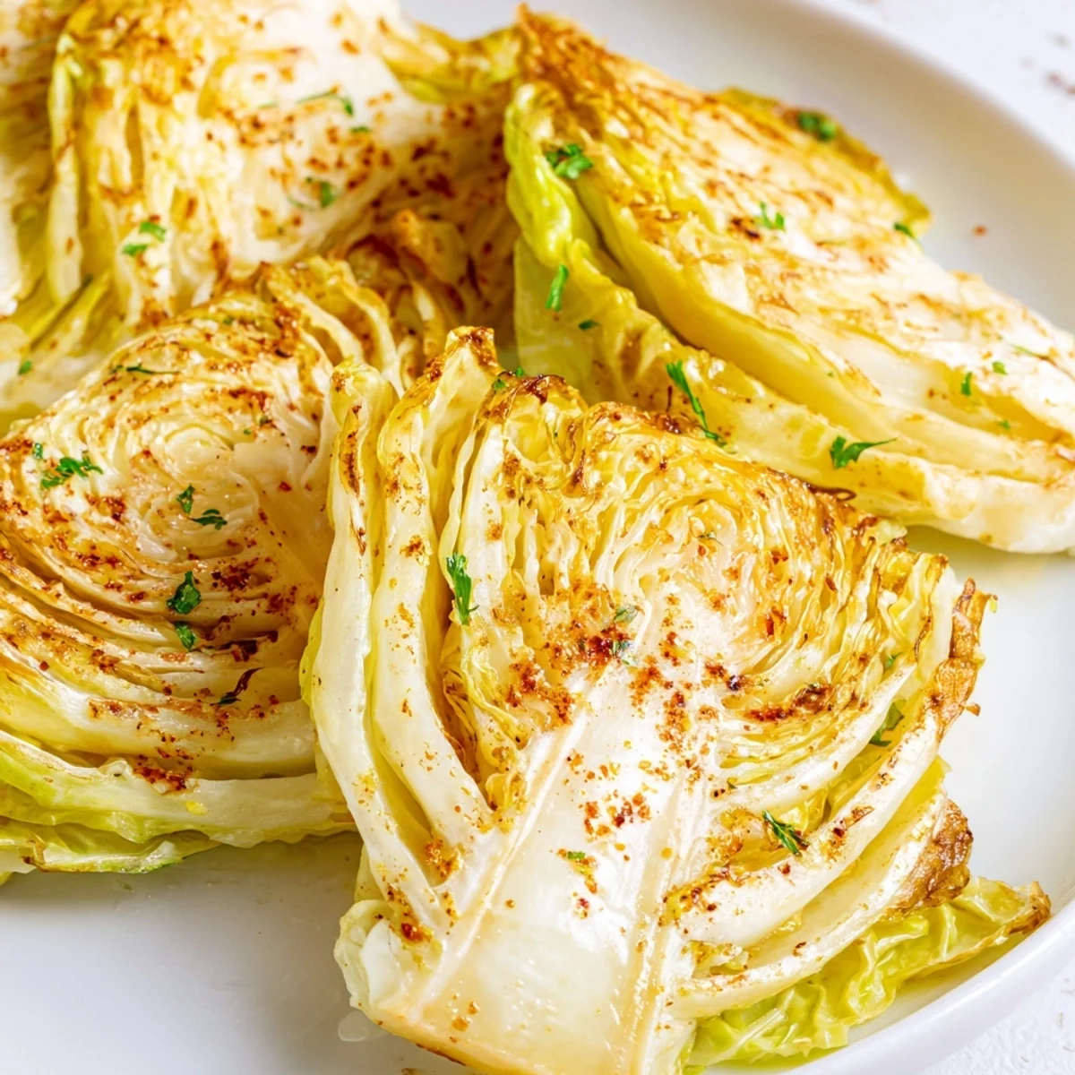 Golden brown roasted cabbage wedges with crispy caramelized edges and tender centers, seasoned with garlic and smoked paprika