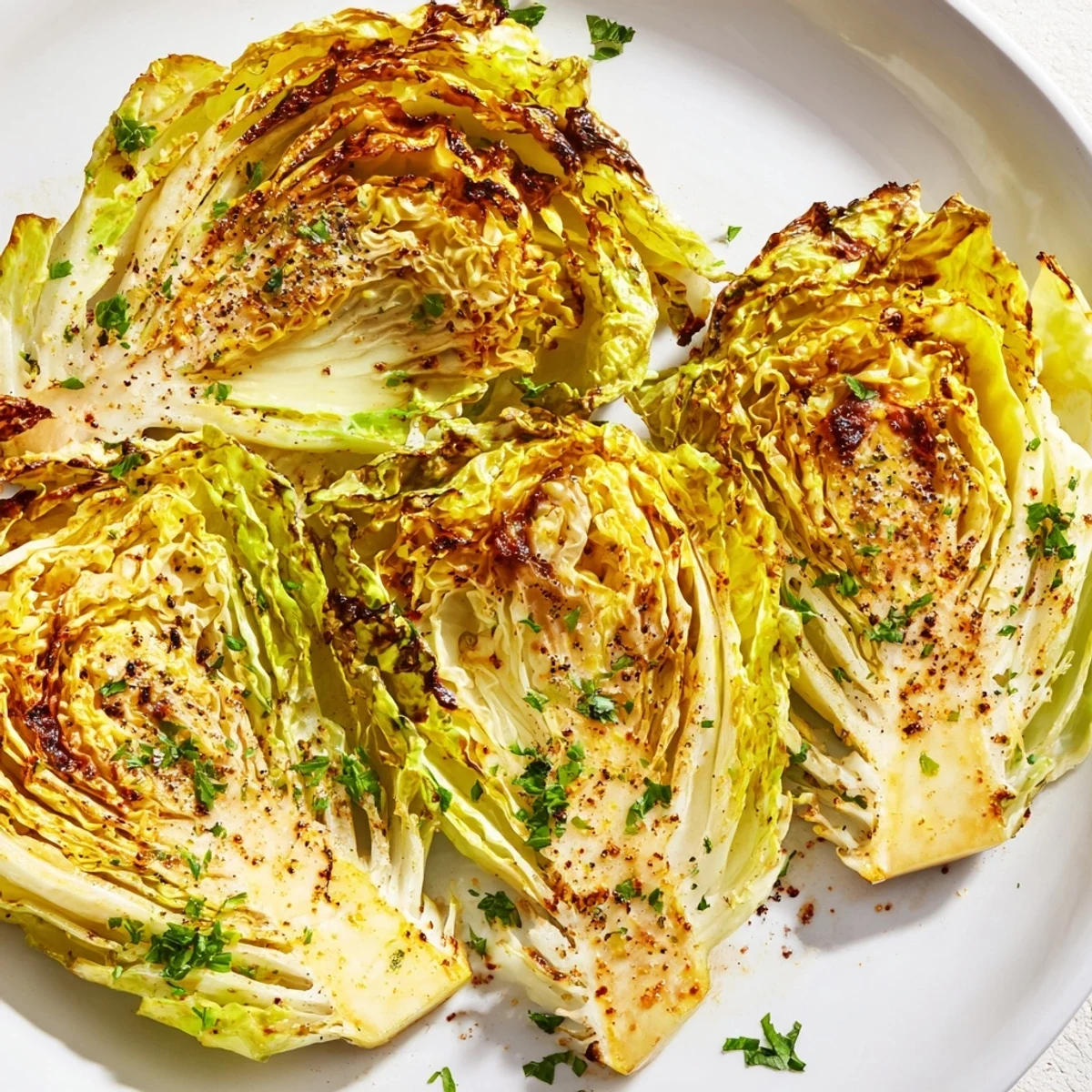 Oven roasted cabbage wedges arranged on a baking sheet, lightly charred on the outside with a sprinkling of fresh parsley