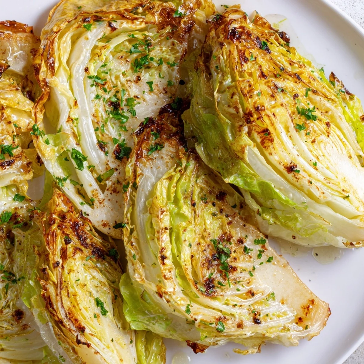 Simple roasted cabbage wedges served as a healthy side dish, featuring attractively browned edges and soft inner layers