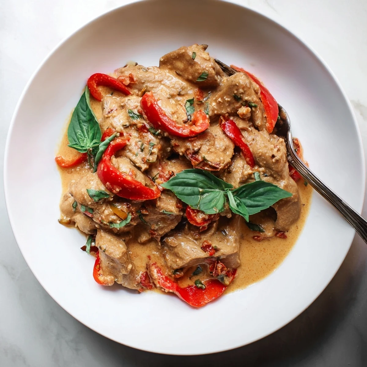Golden basil chicken pieces swimming in rich, creamy coconut curry sauce with vibrant red bell pepper slices