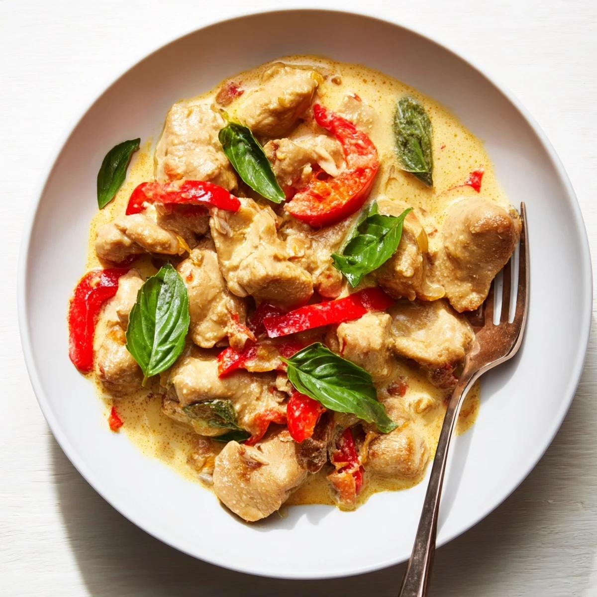 Tender chicken thighs simmered in aromatic coconut curry sauce topped with fresh green basil leaves
