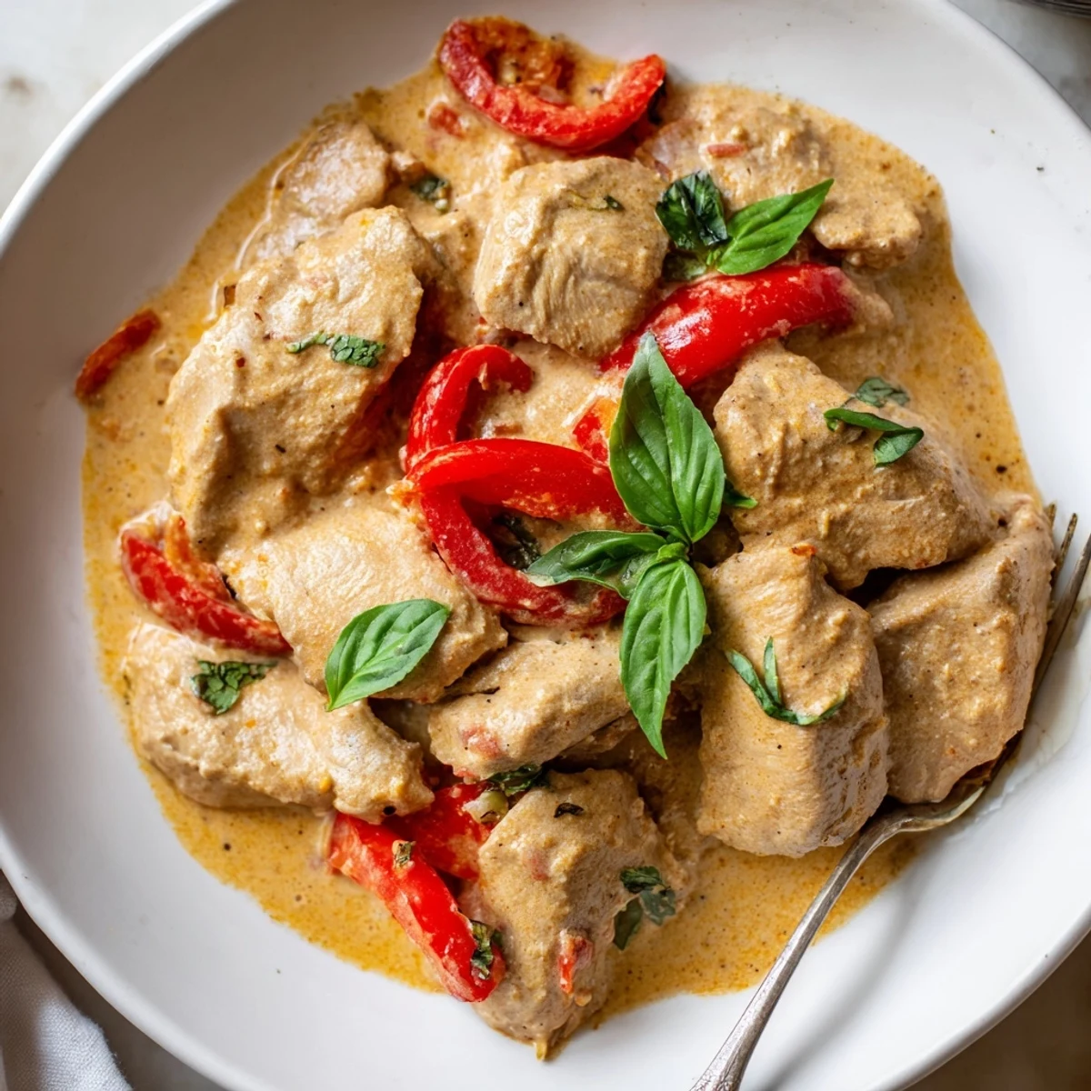 Steamy bowl of basil chicken in coconut curry sauce served over fluffy white jasmine rice