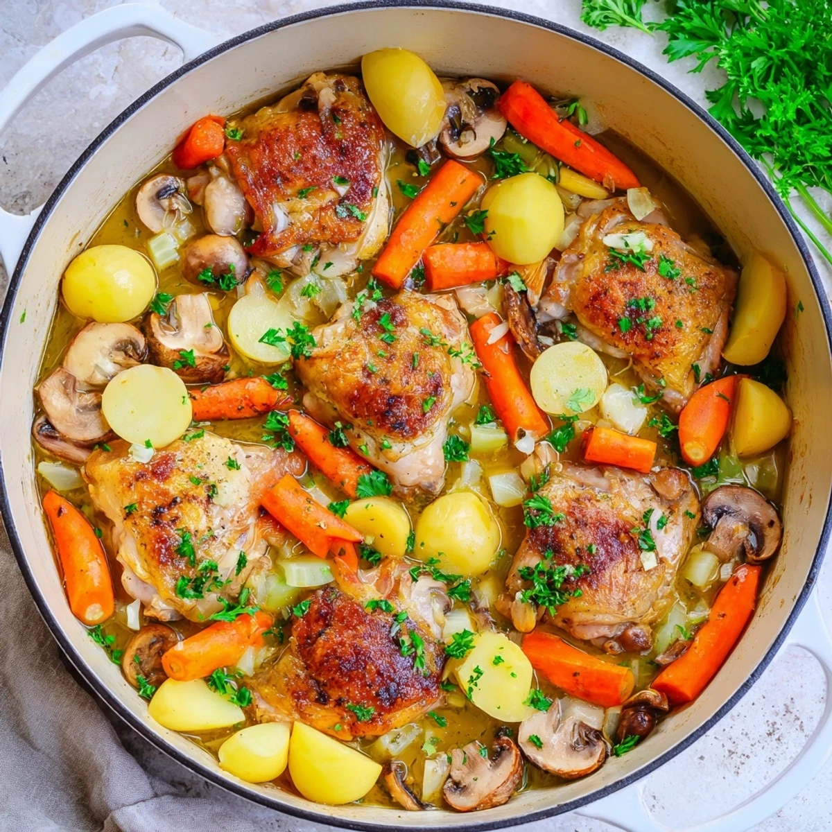 Golden brown French chicken casserole bubbling with tender vegetables and herbs in a rustic Dutch oven
