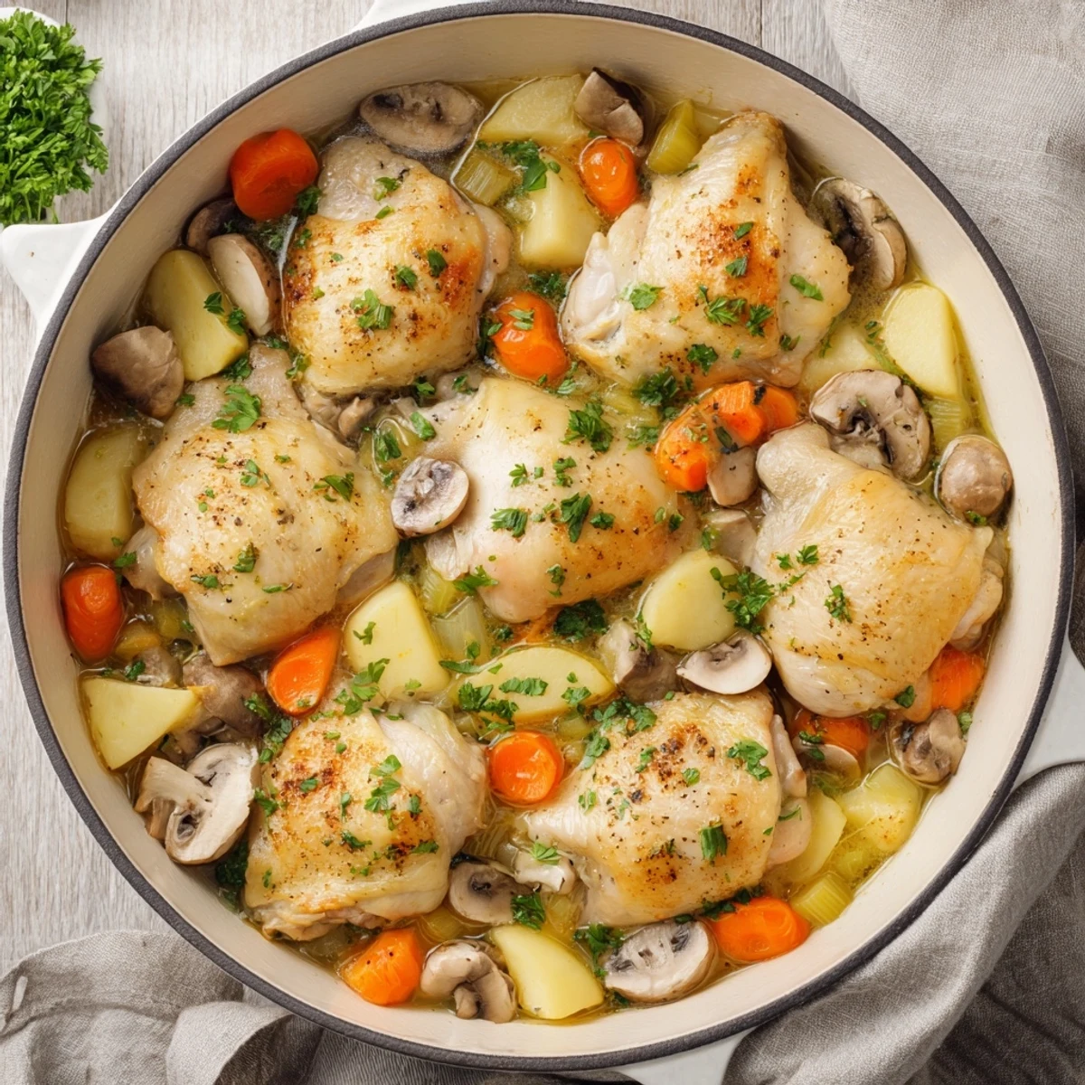 Savory French chicken casserole served steaming hot with fresh parsley over creamy mashed potatoes